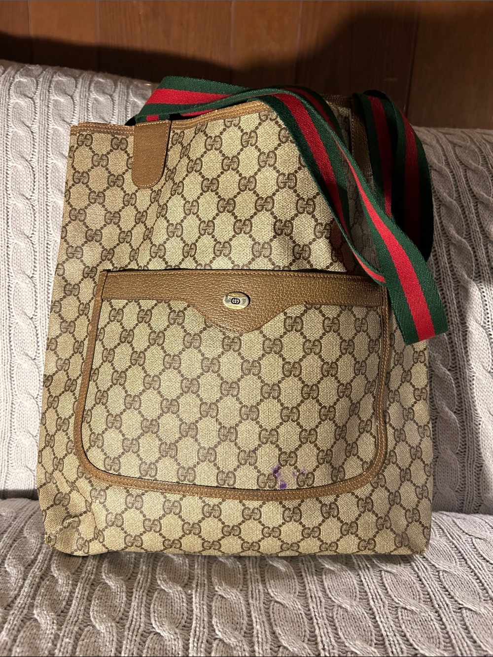 Gucci Beige/Tan GG Canvas Tote with Green & Red Web Strap